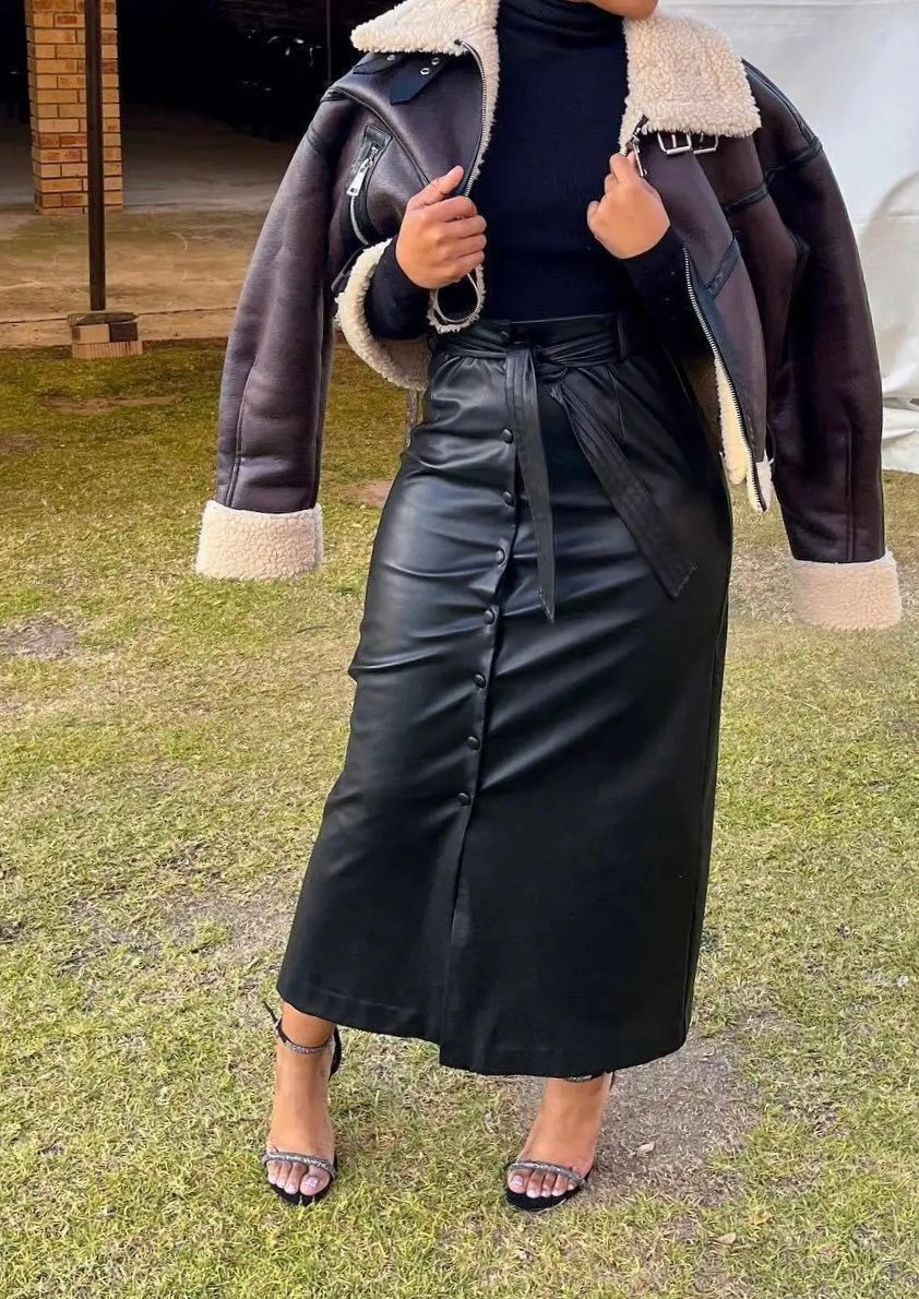 Button down faux leather skirt sale