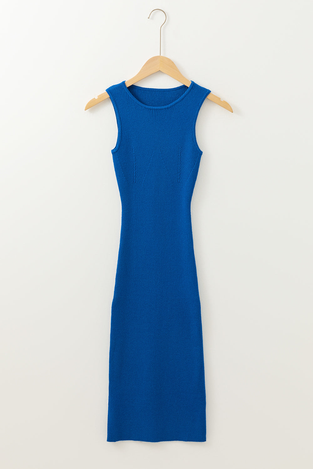 Blue Ribbed Knit Midi Dress