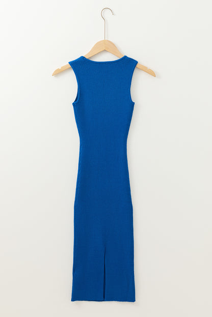 Blue Ribbed Knit Midi Dress