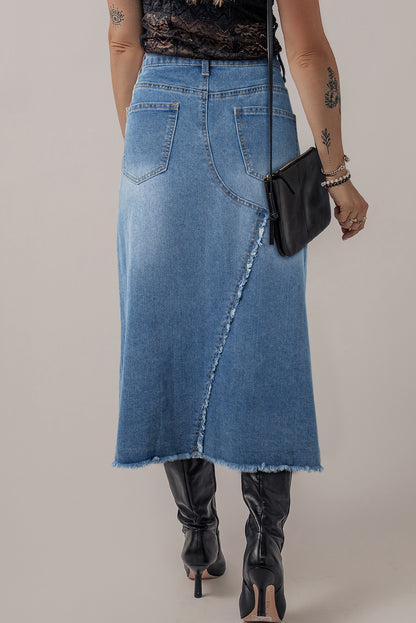 Asymmetric Denim Midi Skirt