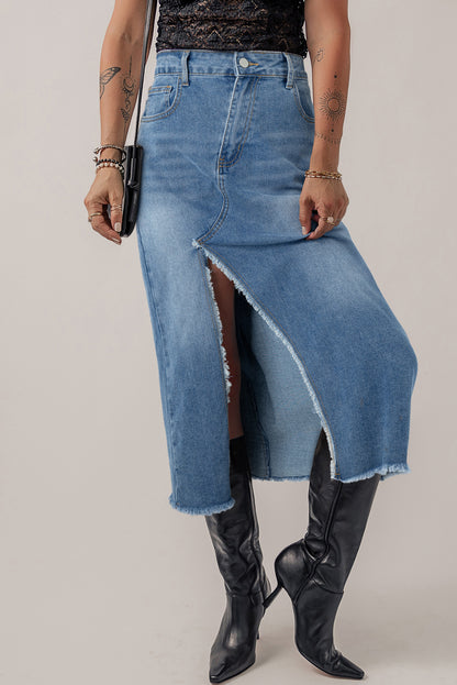 Asymmetric Denim Midi Skirt